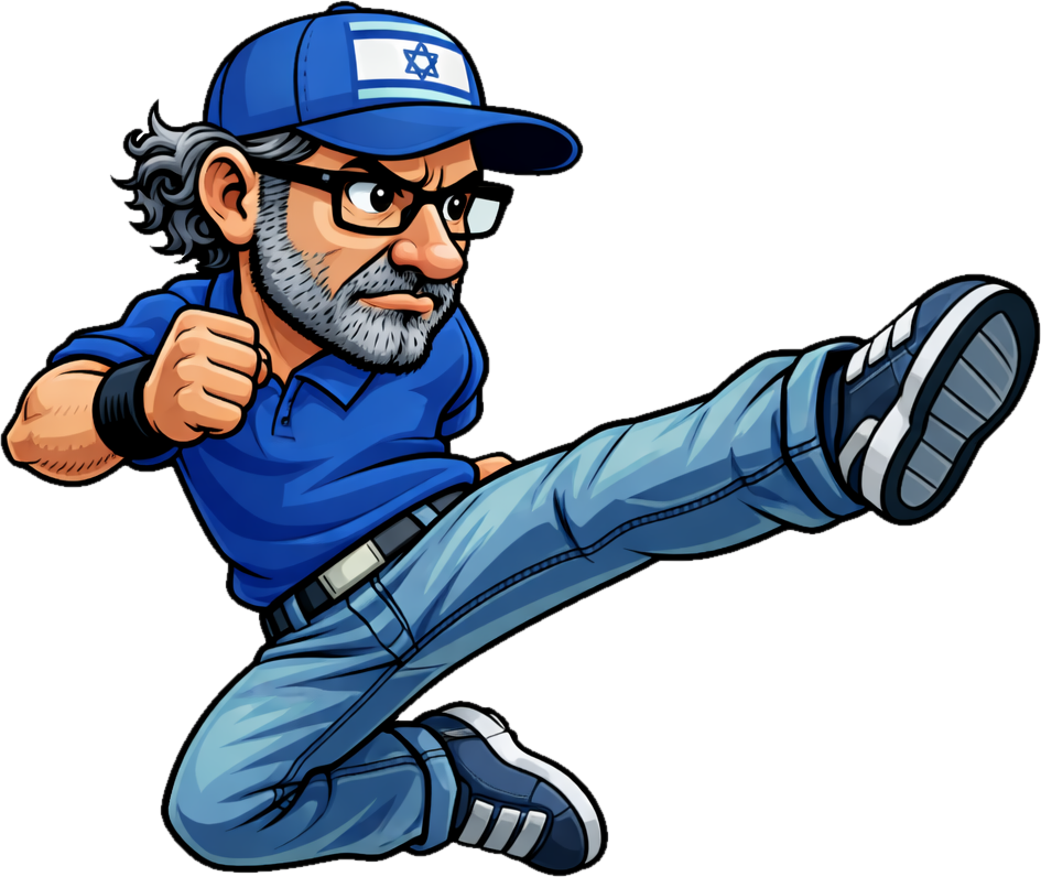 הבוחר, בכובע מצחייה ובג׳ינס, באמצע בעיטה מעופפת
